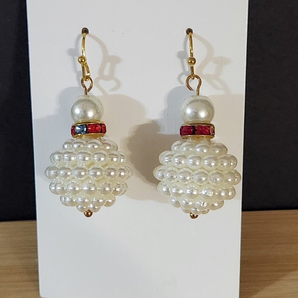 Hand Crafted Faux Pearl Earrings Pierced White Multi-Color Rhinestone
